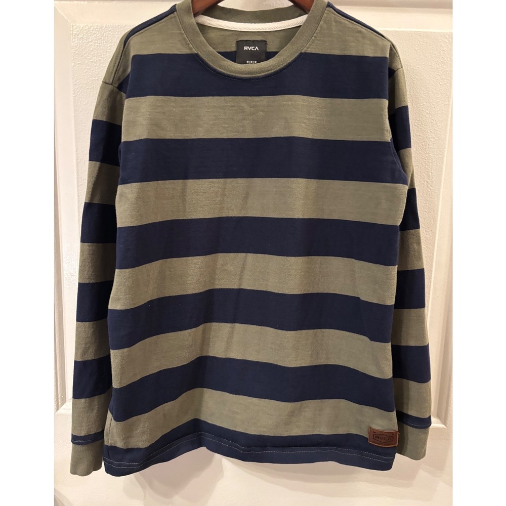 RVCA Boys Long Sleeve Striped T-Shirt Olive Green Navy Blue Crew Neck Tee SZ M